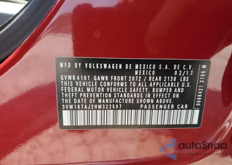 2017 Volkswagen Jetta S from USA, damaged, VIN 3VW167AJ2HM322597